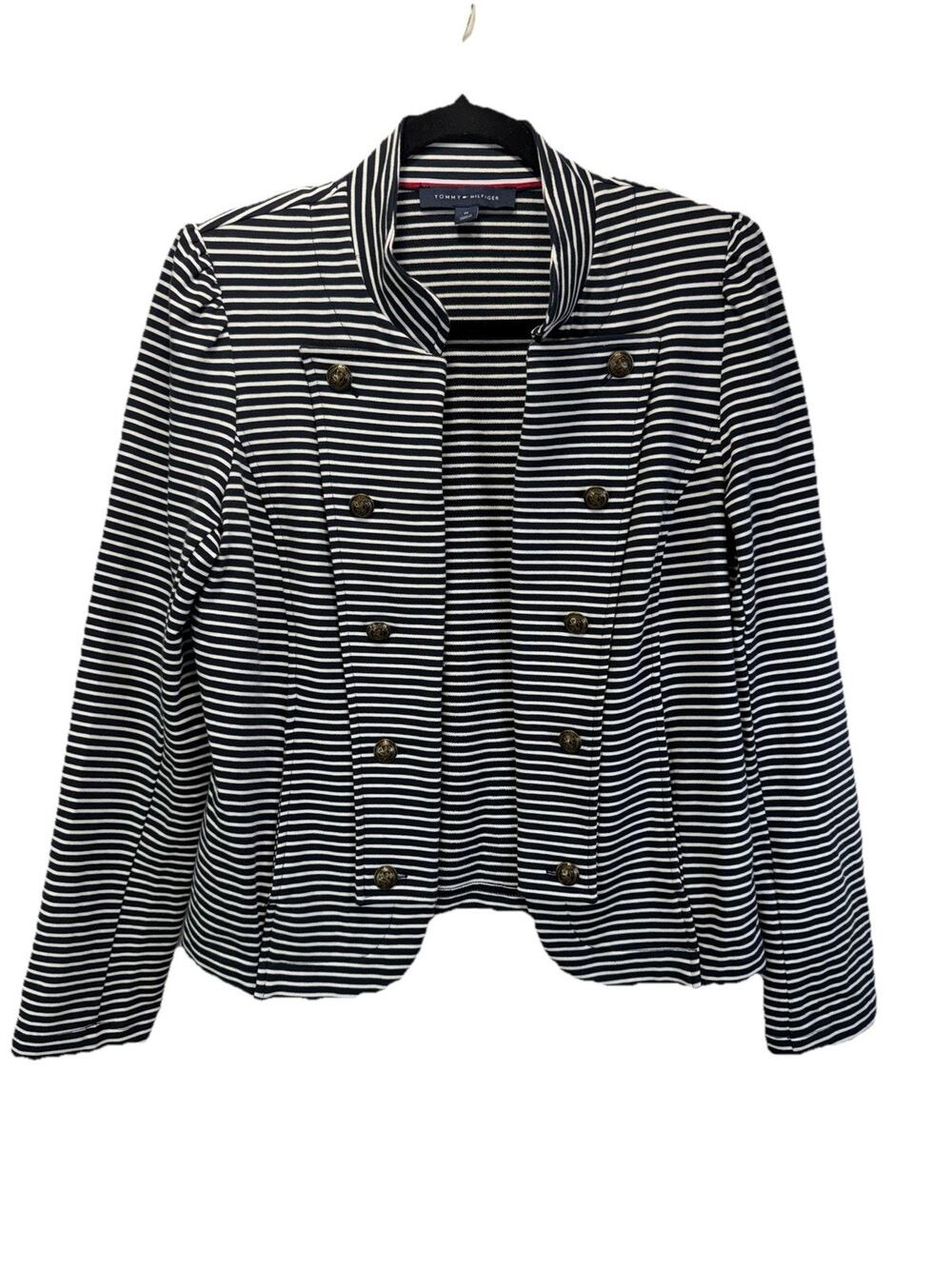 TOMMY HILFIGER Military Band Style Striped Blazer Jacket Sz M Navy White Buttons